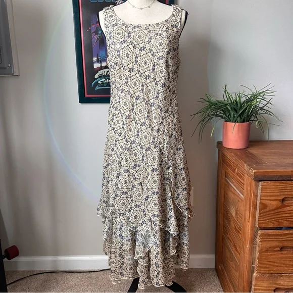 Amanda Lane Cream and Blue Floral Tiered Maxi Dress - Picture 1 of 8